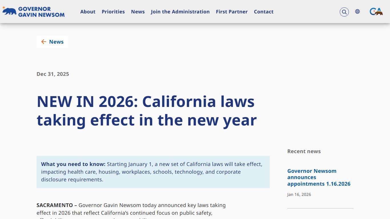 NEW IN 2026: California laws taking effect in the new year | Governor of California